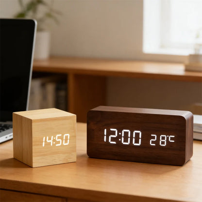 Reloj Despertador LED de Madera con Control de Voz – Digital USB/AAA para Escritorio