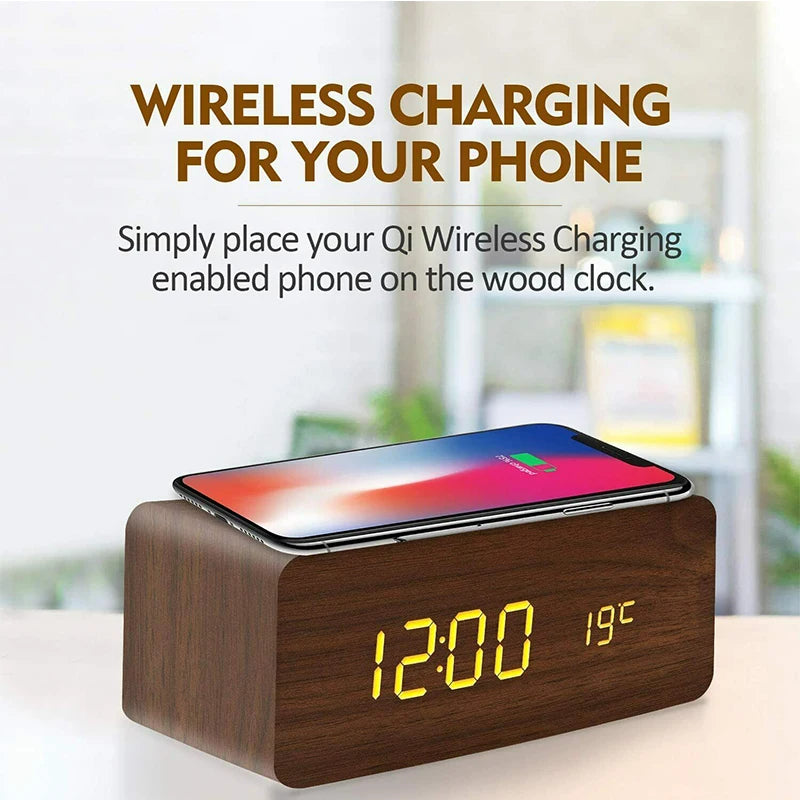 Reloj Despertador Digital de Madera con Carga Inalámbrica – Hora, Fecha, Temperatura para Oficina y Mesita