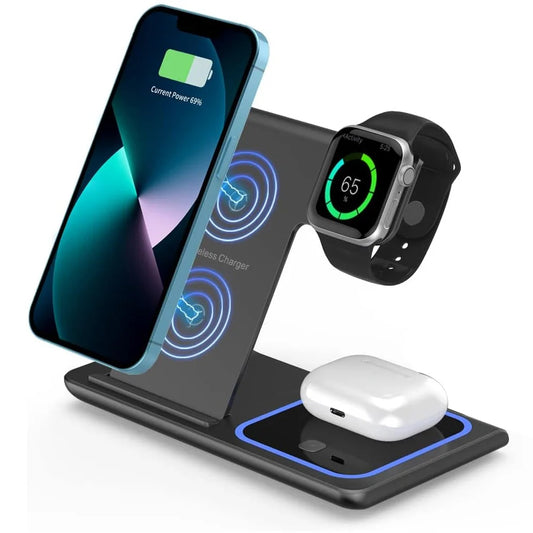 Cargador Inalámbrico LED 3 en 1 Plegable – iPhone 14-17, Apple Watch, AirPods y Samsung