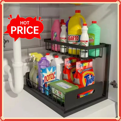 Estante Bajo la Pileta Deslizante 2 Capas – Organizador Práctico para Cocina y Baño