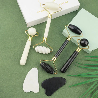 Kit 3 en 1 Rodillo de Jade + Gua Sha – Masajeador Facial para Ojos, Cuello y Rostro