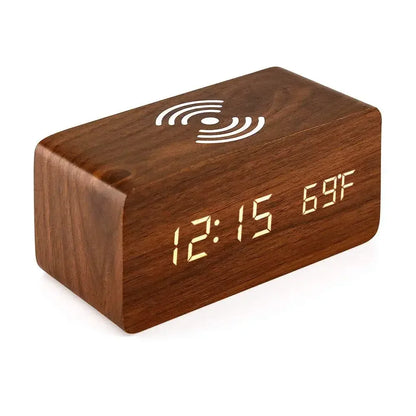 Reloj Despertador LED de Madera con Temperatura y Carga Inalámbrica – USB/AAA para Escritorio