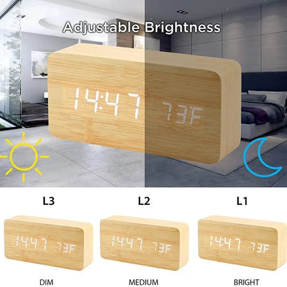 Reloj Despertador Digital de Madera con Temperatura – Decoración para Dormitorio y Oficina