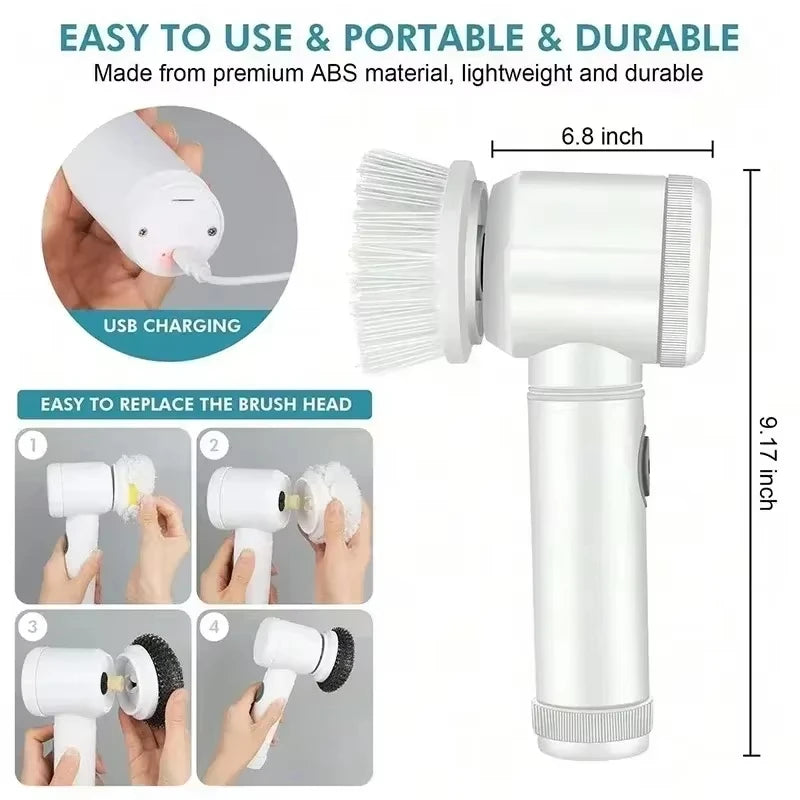 Cepillo Mágico Inalámbrico Giratorio Recargable con 5 Cabezales para Limpieza Profunda de Baño, Cocina y Juntas