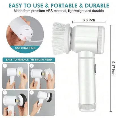 Cepillo Mágico Inalámbrico Giratorio Recargable con 5 Cabezales para Limpieza Profunda de Baño, Cocina y Juntas